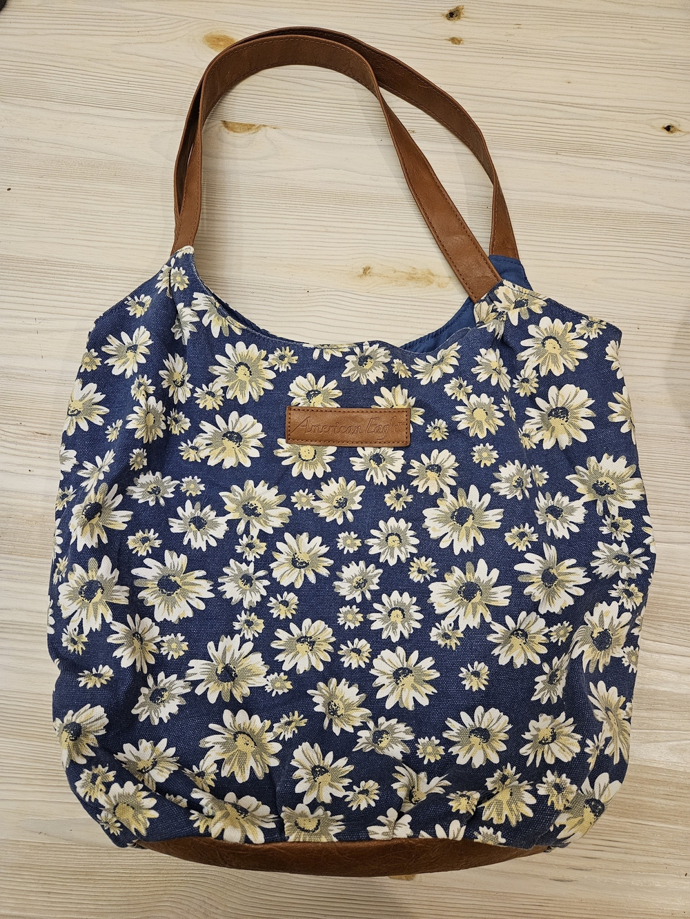 American Eagle Outfitters Navy Floral Tote with Brown Straps